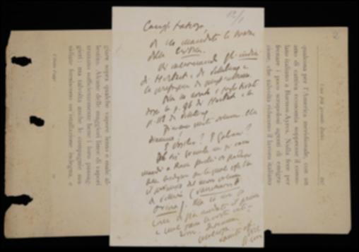 Nella cartolina, Benedetto Croce comunica a G. Laterza di avergli inviato le bozze del suo periodico e lo sollecita a spedire quelle dei volumi di Johann F. Herbart, Friedrich W.J. Schelling, Karl Vossler e Ferdinando Galiani. Gli propone poi, a nome di Armando Granelli, che ha ottenuto il permesso dell'autore, la pubblicazione della traduzione italiana del volume “Sanctuaires d'Orient : Égypte, Grèce, Palestine” di É. Schuré. Chiede infine all'editore che riscontro di pubblico abbia avuto il volume di Schuré pubblicato in precedenza.