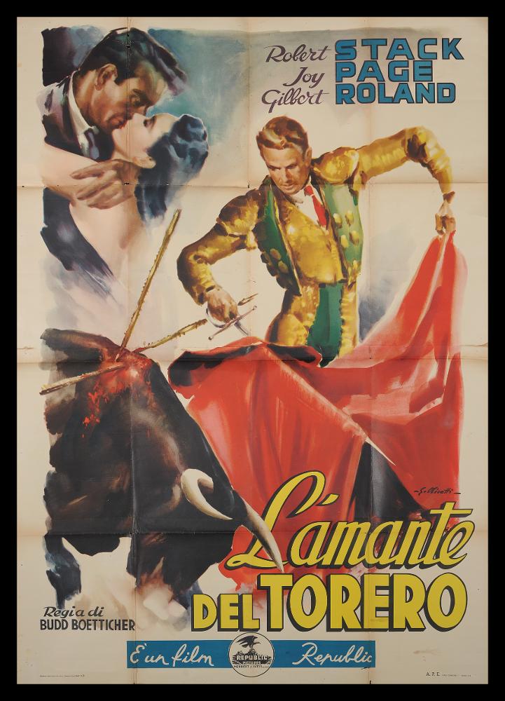 L'immagine riproduce uno dei manifesti conservati presso la Mediateca Regionale Pugliese (vedi Note). Si tratta di una delle versioni grafiche del manifesto del film "L'amante del torero" del 1951, a firma dell'illustratore bolognese Giorgio Olivetti. Classe 1908, Olivetti caratterizza le sue prime opere da uno stile morbido, sfumato, fatto di acquerelli delicati che rendono il volume anche grazie ad un uso sapiente dei chiaroscuri. Facendosi interprete della tendenza di un'epoca, gli anni '50, il suo stile pittorico e la composizione vivace dai colori brillanti esalta la figura della donna, nella sua bellezza da "pin-up". Eleganza e leggerezza contraddistinguono anche questo manifesto, di cui si conserva, in questa collezione, anche la versione di Simbari per lo stesso...