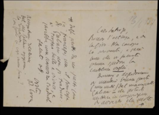 La lettera di Benedetto Croce accompagna l'inoltro a Giovanni Laterza di una missiva di Giuseppe Magnamassa, nella quale costui chiede alcuni fascicoli de "La Critica". Comunica poi all'editore che gli spedirà la metà del manoscritto del volume di Ferdinardo Galiani e lo invita ad informarlo dell'avvenuta ricezione. La lettera si conclude con la richiesta di Croce di essere informato sullo stato di avanzamento di Teresa Gnoli nella curatela del volume di Karl Vossler.