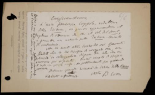 Nella cartolina Benedetto Croce invita Giovanni Laterza ad inviare copia del volume di Georges Sorel a Francesco Coppola per una recensione e lo esorta a sbrigare il volume di Silvio Spaventa e a spedire le bozze del volume di David Hume in duplice copia.