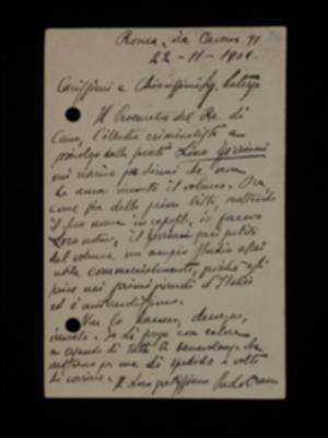 Nella cartolina, Paolo Orano avverte Laterza che il Procuratore del re Lino Ferriani non ha ricevuto il volume inviatogli e ne sollecita un nuovo invio.