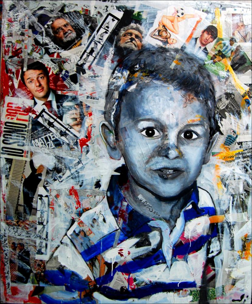 Il dipinto di Vincenzo Mascoli, riprodotta in digitale, è parte della serie che l'autore ha denominato “Identità”, incentrandola su ritratti di uomini, donne e bambini. Le opere di Mascoli, classe 1982 originario di Corato, seguono da anni il filone contemporaneo del neo-pop, per il quale l'artista si sta distinguendo non solo nel panorama artistico locale, ma anche nazionale. Nelle sue creazioni evidente è l'uso costante e convinto di una tecnica mista, basata principalmente sull'effetto che crea la commistione tra collage e pittura. Il ritratto in primo piano si articola su un fitto sfondo realizzato da molteplici e numerosissimi ritagli di giornali: parole, lettere, personaggi della cronaca, della politica e del mondo dello spettacolo, loghi, notizie, ordinati e riut...