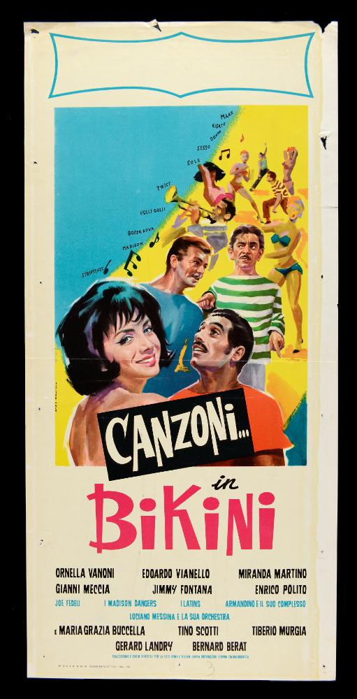 La locandina, a firma dello Studio Serafini, presenta in primo piano il volto di Maria Grazia Buccella, nel ruolo di Guendalina, con Tino Scotti, Tiberio Murgia e Gérard Landry. CANZONI IN... BIKINI è una commedia musicale del 1963, nel quale fanno anche parte i grandi interpreti della musica italiana del tempo. La locandina originale è conservata nell’Archivio della Mediateca Regionale Pugliese....