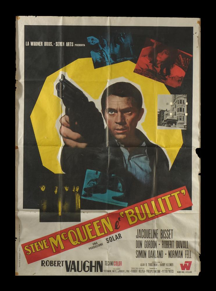 Manifesto grafico che gioca con contrasti di colore ed un effetto "collage" con foto di scena elaborate con filtri di colore e un piano americano del protagonista Steve McQueen. Bullitt è un film statunitense del 1968 diretto da Peter Yates, reso celebre per la celebre scena di inseguimento con la Ford Mustang GT390, nel quale è attore e stuntman, lo stesso Steve McQueen. Il manifesto originale è conservato nell’Archivio della Mediateca Regionale Pugliese....