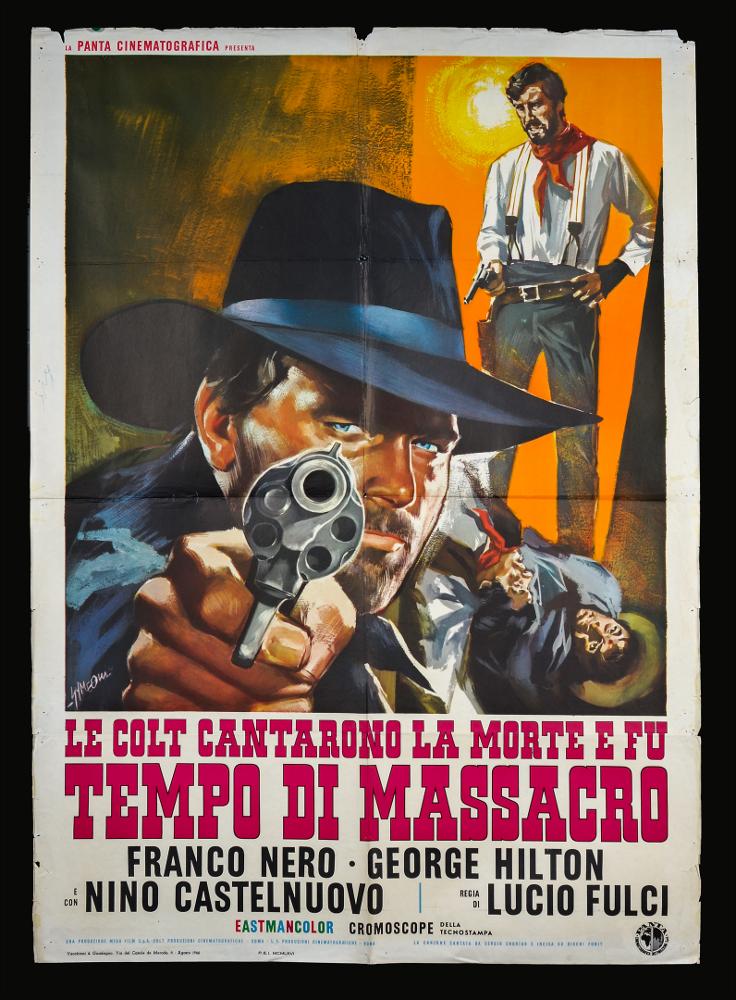 “Le colt cantarono la morte e fu... tempo di massacro” è film western italiano diretto nel 1966 da Lucio Fulci, su sceneggiatura scritta insieme a Fernando Di Leo ed Enzo Dell’Aquila.
Il manifesto cinematografico è firmata da Sandro Symeoni (Symeoni), paternità attribuibile dalla firma in alto a sinistra. Pittore ferrarese tra i più prolifici disegnatori di cinema, Symeoni utilizza un linguaggio non piano, ma dalle molteplici sfaccettature, mutevoli negli anni. In questo manifesto la composizione grafica è molto semplice, vi è la solo presenza del ritratto del protagonista Franco Nero che sembra puntare la pistola direttamente contro lo spettatore, una sensazione data soprattutto dalla rappresentazione della mano al di fuori della cornice grafica, creando l’illusione pr...