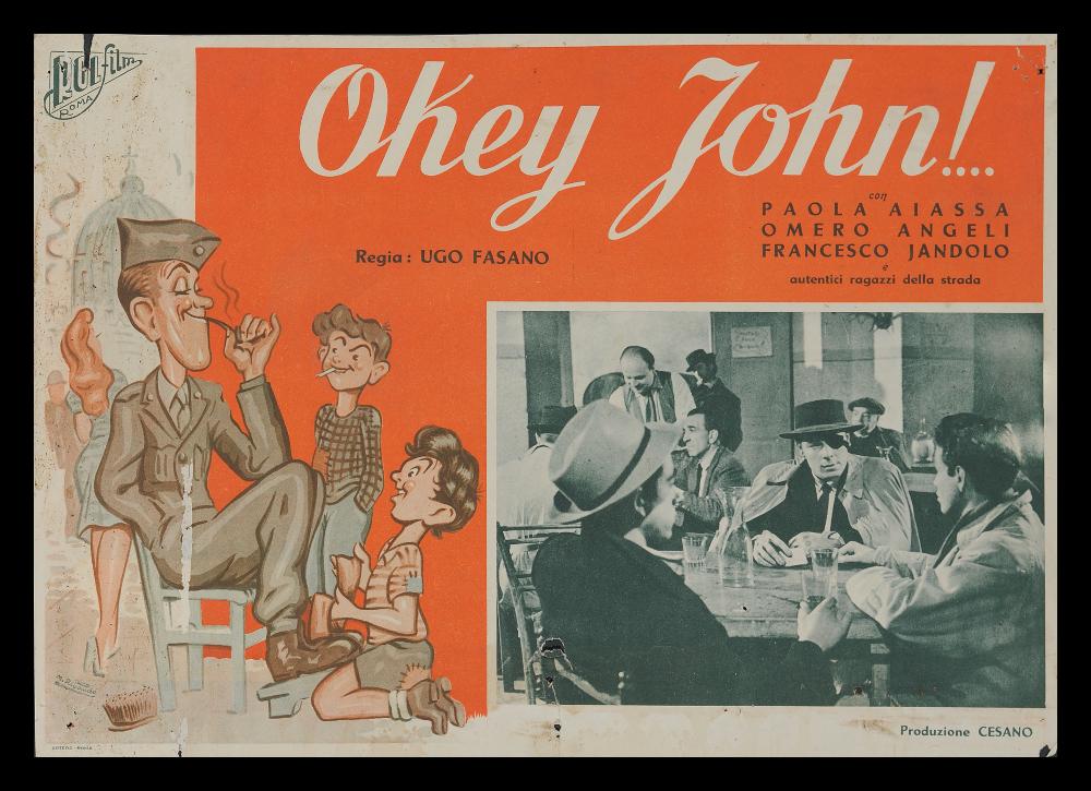 L'immagine riproduce uno dei manifesti conservati presso la Mediateca Regionale Pugliese (vedi Note). Si tratta della versione grafica del soggetto per la fotobusta del film "Okey John!", a firma di M. Ribaudo. La composizione per il film italiano mostra un bell'impianto illustrativo con figure simili a quelle realizzate nei disegni per i fumetti, leggeri ma molto comunicativi. Infatti, l'illustrazione allude agli "autentici ragazzi della strada" e alle insidie delle lotte tra bande che infestavano Roma con i loro furti. Seppur così vivace e colorata, la serie della fotobusta (come il film del resto) è il ritratto di vicende reali e di vita vissuta nell'Italia del dopoguerra. ...