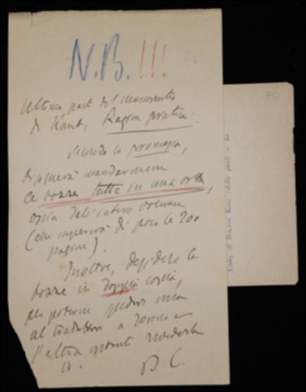 Nella lettera, Benedetto Croce comunica a Laterza la spedizione del manoscritto della "Critica della ragion pratica" di Immanuel Kant, rammentandogli di inviare tutte le bozze dell'intero volume in una unica spedizione e in duplice copia, di modo da inviarne una al traduttore a Torino.