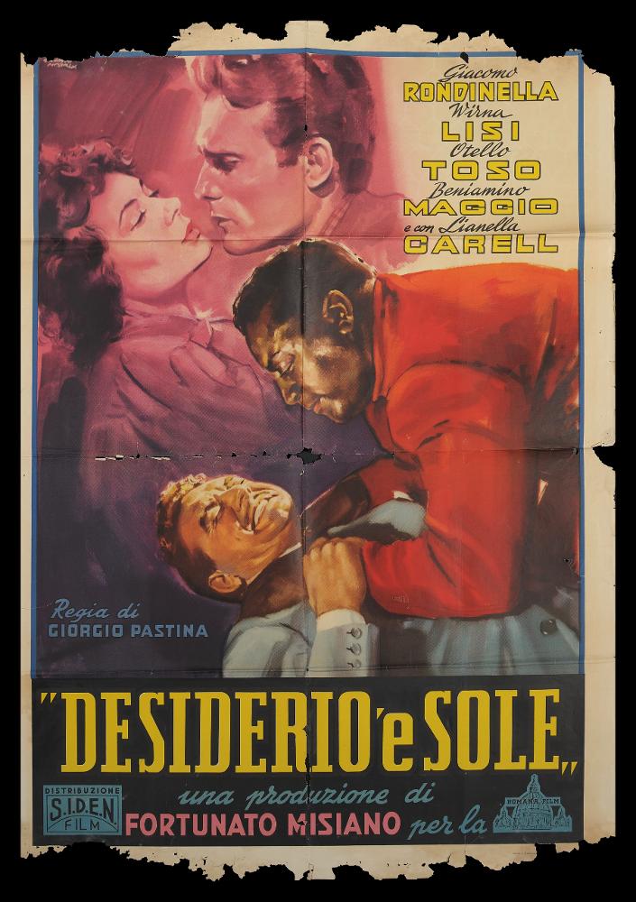 L'immagine riproduce uno dei manifesti conservati presso la Mediateca Regionale Pugliese (vedi Note). Si tratta di una delle versioni grafiche del manifesto del film “Desiderio ‘e sole”, del 1954 per la regia di Giorgio Pàstina. Il manifesto è a firma di Giuliano Nistri, tra i pittori di cinema più originali e maturi, dallo stile riconoscibile per la vena drammatica della composizione. Notiamo in questa grafica un doppio livello di rappresentazione, in secondo piano, monocolore, è immortalata la coppia Lianella Carell (Maria) e Giacomo Rondinella (Luciano Lo Duca) in uno dei momenti più emozionanti del film, un abbraccio stringente e ricco di espressività, sguardo complice ed intenso. In primo piano, l’atmosfera cambia, e ai toni più delicati del rosa, si sostituisce il...