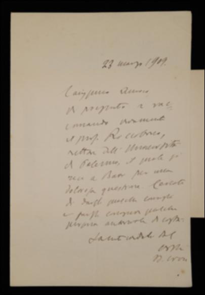 Nella lettera Benedetto Croce prega l'editore Laterza di accogliere il professor Salvatore Riccobono, rettore dell'Università di Palermo, e di metterlo in contatto con personalità autorevoli.