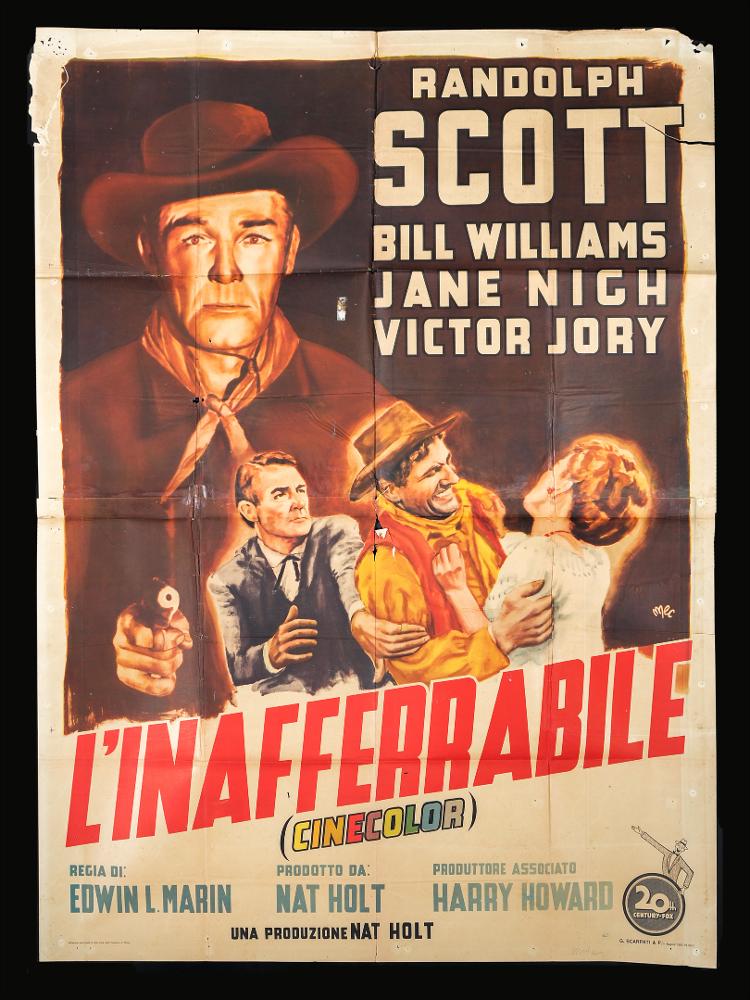 L'immagine riproduce uno dei manifesti conservati presso la Mediateca Regionale Pugliese (vedi Note). Si tratta di una delle versioni grafiche del manifesto del film americano "L'inafferrabile", a firma dell'illustratore Mec. L'autore, di cui non si hanno notizie accreditate, concepisce una composizione dalla pittura fortemente realista, come si nota dalla grande figura di cowboy western sullo sfondo, una pittura caratterizzata comunque da uno stile morbido e sfumato, tinte calde ed effetti di luce di contorno alle figure più piccole che ne esaltano la forma e l'azione....