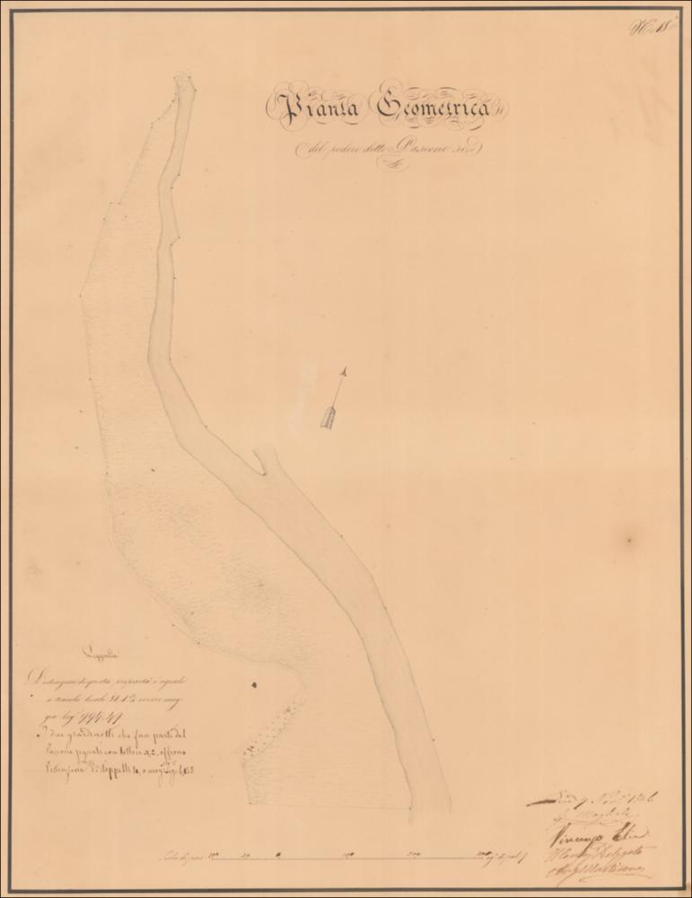 Trattasi di disegno monocromo su cartoncino datato Lecce 9 novembre 1846 redatto dai periti Giuseppe Magliala e Vincenzo Elia. La pianta del fondo, domina la composizione, incorniciata in alto dal titolo, lateralmente dall'annotazione e in basso dalla scala grafica e note d'autore. La simbologia è ridotta al minimo, l'attenzione è rivolta all'aspetto vegetativo e idrografico del territorio e sua misurazione. Il primo espresso in pianta, attraverso ciuffetti d'erba appena accennati e l'indicazione di un canale - in cui lo scorrere delle acque è dato da sottili linee - il secondo deducibile da quanto riportato nell'annotazione. Nessuna cura si ha nell'indicare la destinazione colturale dei terreni e sulla configurazione proprietaria.