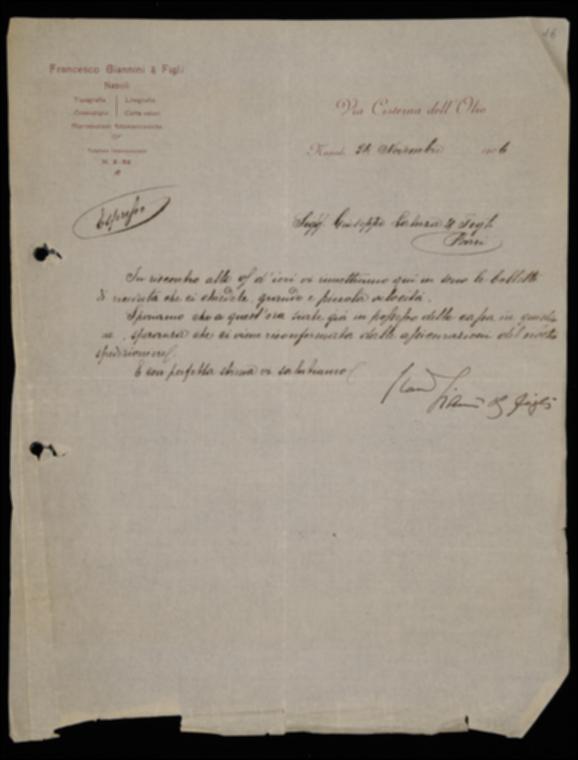 Nella lettera, Francesco Giannini comunica a Laterza che gli invia in allegato le bollette richieste e auspica che sia giunto a destinazione il materiale che gli ha spedito.