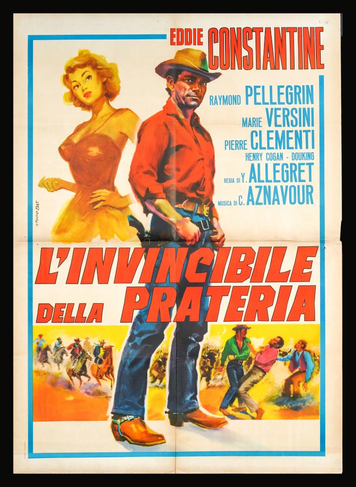 “L’invincibile della prateria” (titolo originale “Chien de pique”) è un film francese del 1960 diretto da Yves Allégret, su sceneggiatura scritta insieme a François Leterrier e Albert Vidalie.
Nel cast Eddie Constantine, Raymond Pellegrin e Pierre Clémenti.
Il manifesto cinematografico è opera dello Studio Bat., uno studio di grafica romano, attivo negli anni Sessanta, il cui titolare era Riccardo Battaglia, artista che accolse nel suo "atelier" diversi cartellonisti. Uno dei maggiori protagonisti dello studio fu Ezio Tarantelli, ma vi collaborarono probabilmente anche Renzo Cenci e Enzo Sciotti. 
La composizione presenta una forte dinamicità resa con colori vivaci e pennellate dal tratto deciso. I protagonisti sono rappresentati con una pregevole cura ritrattistica.
Il...