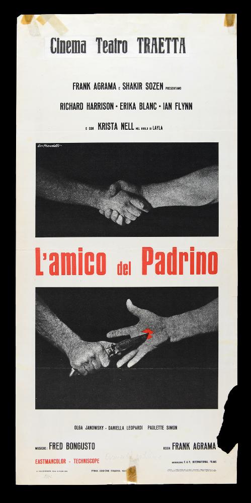 La locandina è a firma del grafico Ezio Tarantelli, fondatore dello studio E2 insieme ad Enzo Sciotti. Due fotografie in sequenza in bianco e nero, ricreano il gesto del patto di sangue e evidenza il tema della violenza. La locandina originale è conservata nell’Archivio della Mediateca Regionale Pugliese....