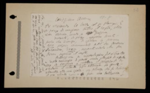 Nella cartolina, Benedetto Croce comunica a Giovanni Laterza la restituzione delle bozze corrette del volume di Silvio Spaventa, lo sollecita a far comporre il resto e a spedire quanto è stato licenziato per la stampa ad Antonio Salandra per la sua recensione. Croce poi ringrazia l'editore per il ritratto inviatogli ma lo dissuade dal distribuirlo agli abbonati de "La Critica".