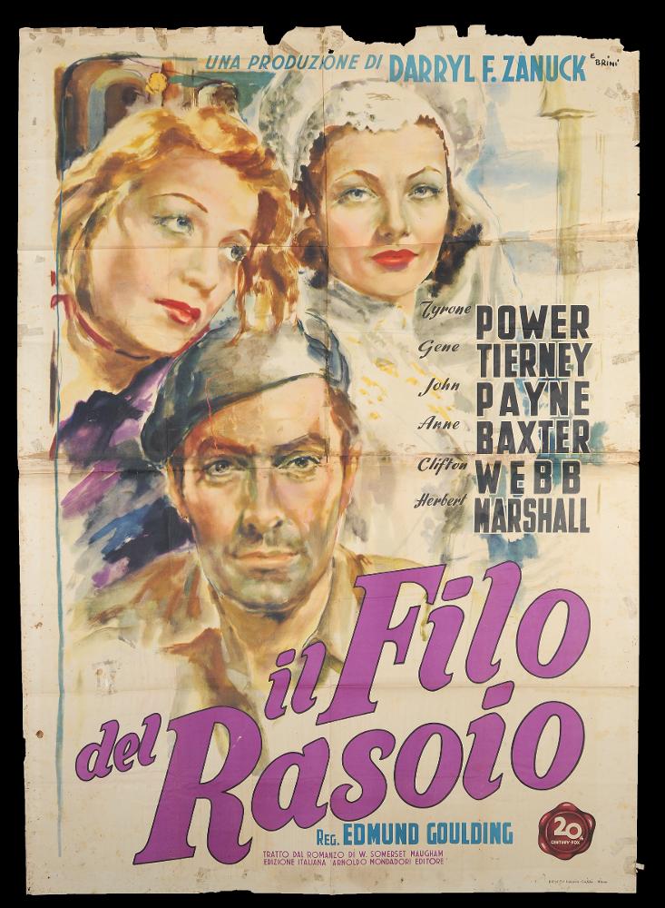L'immagine riproduce uno dei manifesti conservati presso la Mediateca Regionale Pugliese (vedi Note). Si tratta del manifesto del film "Il filo del rasoio", la cui illustrazione è a firma di Ercole Brini. Maestro dal linguaggio delicato, i suoi dipinti per il cinema si contraddistinguono per l'uso di acquerelli che rendono le atmosfere rappresentate come impalpabili e cariche di fascino, in cui le figure si fondono una nell'altra. Qui tutto è incentrato sui tre bellissimi ritratti rese con pennellate vibranti, lo sfondo appena accennato non fa percepire un luogo fisico, piuttosto una realtà che diventa sogno e poesia....