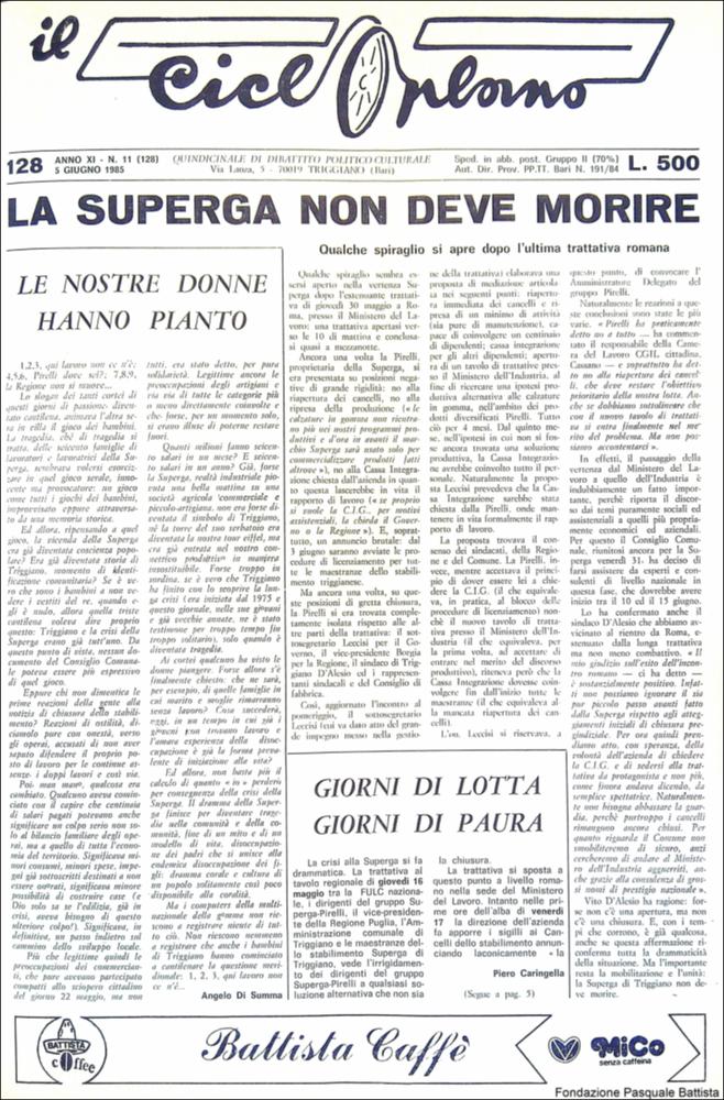 “Il Cicloplano” è un periodico della città di Triggiano (Ba), un quindicinale di dibattito politico-culturale e di cronaca locale e non solo dagli anni Settanta agli anni Ottanta.
La Fondazione Pasquale Battista si è occupata della digitalizzazione di alcuni numeri del suddetto periodico, allo scopo di conservare tale importante documentazione sulla storia di questa città.
La Fondazione, infatti, persegue la mission di incentivare la diffusione del patrimonio culturale locale e di diffondere le idee e la sensibilità dello storico Pasquale Battista, a cui la Fondazione è dedicata, per tramandare nel tempo il suo impegno sociale e la sua dedizione....