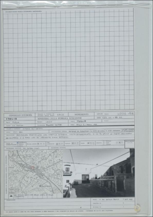 La scheda in oggetto è parte del volume “Censimento delle opere fortificate in Puglia”, risultato dell'attività promossa dalla Regione Puglia tra il 1981 e il 1982, per individuare e descrivere le principali costruzioni in muratura presenti nel territorio. Composta da due fogli sciolti, è redatta dall'ingegnere Antonio Panico nel settembre 1981. Palazzo Venturi è situato a Tuglie in provincia di Lecce in area edificata. Il palazzo risale al XVII secolo con diversi rimaneggiamenti posticci. Il nucleo originario risale al 1600 circa e si sviluppa su due livelli secondo una planimetria irregolare. La residenza fortificata è accessibile tramite un’imponente scala esterna, cromaticamente diversa al resto del prospetto intonacato in rosso scuro. La struttura muraria è realizz...