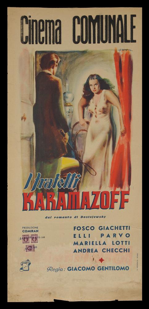 L'immagine riproduce uno dei manifesti conservati presso la Mediateca Regionale Pugliese (vedi Note). Si tratta di una delle versioni grafiche della locandina del film "I fratelli Karamazoff" del 1947 per la regia di Giacomo Gentilomo. Firmato dal maestro bolognese autore del manifesto del film “La dolce vita”, Giorgio Olivetti, come si evince dalla firma in alto a destra, la locandina rappresenta una scena al chiuso del film. Una porta aperta permette di entrare in una piccola stanza con pochi arredi, una sedia, un tavolino con il vaso, una poltrona. I due protagonisti sono uno di fronte all’altro e allo spettatore è visibile solo la bella Gruscenka, rappresentata con le forme morbide in contrasto con la tensione dello sguardo e dei gesti. I colori pastello delicati ch...