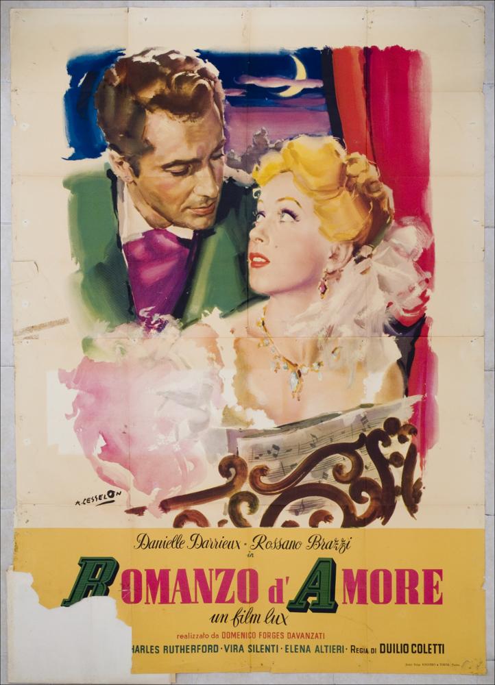 L'immagine riproduce uno dei manifesti conservati presso la Mediateca Regionale Pugliese, esaminati in "Cinema al muro: Angelo Cesselon" (vedi Note). In questo manifesto a Cesselon sono sufficienti soltanto le immagini dei due protagonisti per rendere l'idea della trama del film. Una rara immagine di un limpido quarto di luna accarezzato dall'ombra di una nuvola di passaggio, sembra quasi accompagnare questa tenera storia d'amore, vissuta durante la prima guerra mondiale. La tenda, di immancabile rosso purpureo, sembra quasi un sipario aperto sulla scena del film, in cui, i volti dei protagonisti sono uniti da uno sguardo di tenero e profondo sentimento. Il verde della elegante giacca indossata da Rossano Brazzi dà risalto all'elegante décolleté della principessa; uno s...