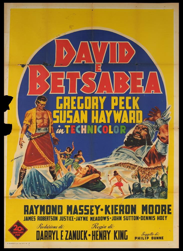 L'immagine riproduce uno dei manifesti conservati presso la Mediateca Regionale Pugliese (vedi Note). Si tratta di una delle versioni grafiche per il manifesto del film americano "David e Betsabea”. La firma che leggiamo sul lato a sinistra appartiene all’illustratore Spagnoli A. (probabilmente Angelo) che realizza una composizione molto illustrativa, con elementi grafici colorati (il fondo completamente giallo, il cerchio blu e il grande titolo decorativo) che completano lo spazio con le figure dei protagonisti storici principali, resi pittoricamente. L'insieme risulta così molto moderno e di grande impatto visivo....