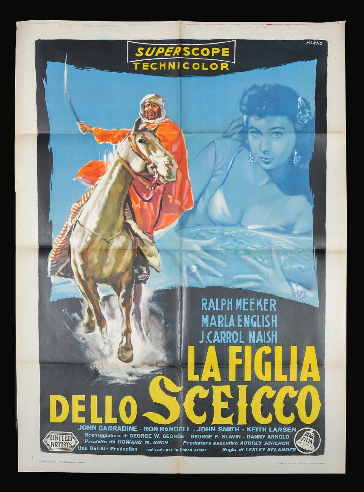 L'immagine riproduce uno dei manifesti conservati presso la Mediateca Regionale Pugliese (vedi Note). Si tratta della versione grafica per il manifesto del film americano "La figlia dello Sceicco", a firma di Manno (Dante Manno). Formatosi all'Accademia di Belle Arti, dove fu allievo di Duilio Cambellotti, è stato un grande pittore di cinema. Questo influenzerà la sua carriera, dedicandosi totalmente a quest'arte, sua grande passione fino alla crisi degli anni '70. L'uso degli acquerelli e della tempera, di colori compatti e pastosi rendono le sue figure ben definite e morbide, unendo un certo stile classico e accademico ad una grafica moderna. Manno, come molti altri pittori dell'epoca dediti alla pittura per manifesti, si fece interprete del filone Neorealista dei fil...