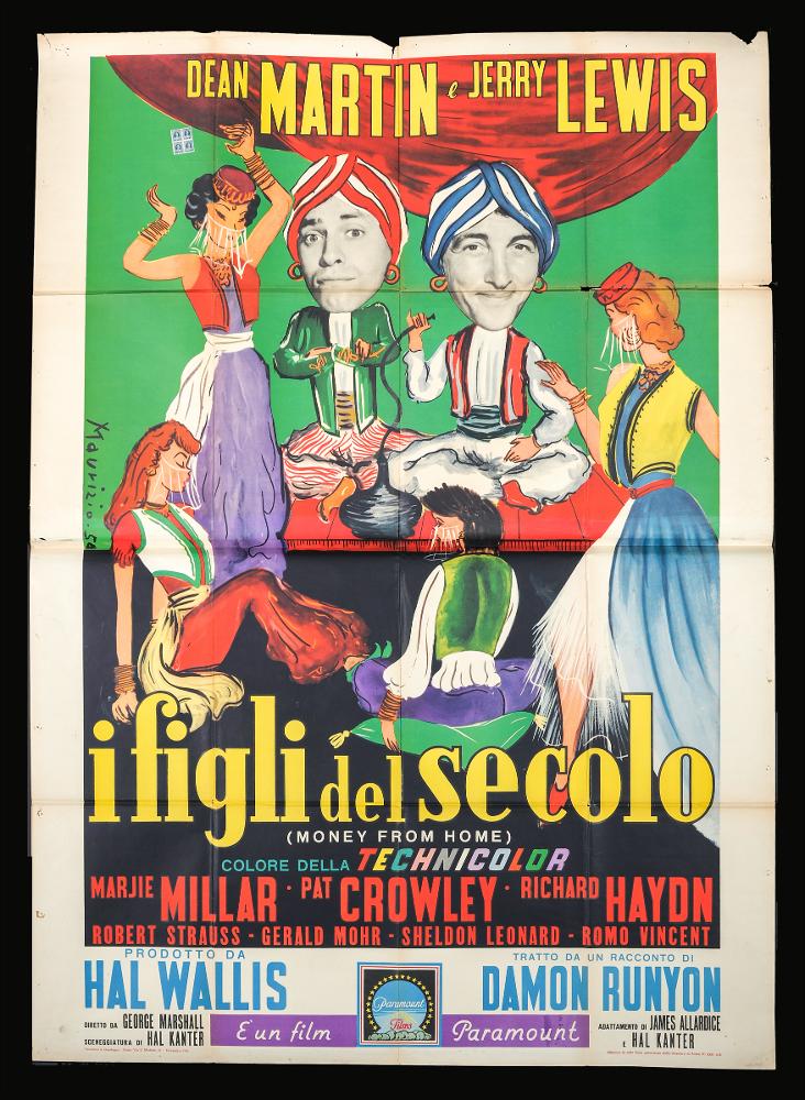 “I figli del secolo” (titolo originale “Money from Home”) è un film comico stereoscopico del 1953 diretto da George Marshall, su sceneggiatura di Hal Kanter, James B. Allardice e Damon Runyon e interpretato da Dean Martin e Jerry Lewis.
Il manifesto cinematografico è firmato da Maurizio. L’immagine si caratterizza per la esuberanza della composizione, con figure disegnate con un tratto sottile e campiture di colori molto vivaci: i due simpatici protagonisti con il volto di Dean Martin e Jerry Lewis siedono dinnanzi a quattro sinuose odalische dai tipici abiti fluenti. 
Il manifesto originale è conservato nell’Archivio della Mediateca Regionale Pugliese....