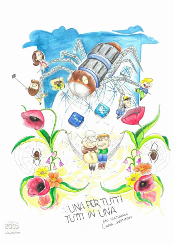 Il tema designato dalla Fondazione Carnevale di Putignano per l’edizione 2016 e che ha ispirato i maestri cartapestai nella realizzazione dei bozzetti è la “diversità. La “diversità” come ossimoro dell’esistenza, come valore, risorsa e diritto.
Il bozzetto dal titolo “Una per tutti, tutti in una” è opera dell’Associazione "Carta…pestando" e rappresenta la diversità come una “rete”, una grande rete simbolo della diversità esistenziale.
In quest’opera la diversità di esigenze e situazioni è rappresentata in modo allegorico e satirico. 
La rete, nel mondo animale, serve ai ragni per intrappolare le prede, mangiarle e, quindi, sopravvivere. Per gli uomini oggi la rete è un mezzo indispensabile per comunicare, informarsi e formarsi, conoscere. Ma la modalità è frenetica, mor...