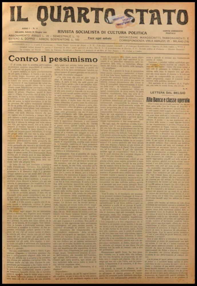 ll documento digitale è parte della collezione dell’emeroteca storica posseduta dall’Istituto pugliese per la storia dell’antifascismo e dell’Italia contemporanea di Bari (IPSAIC). Nello specifico la risorsa in oggetto riproduce il numero 14 del settimanale di attualità politica, fondato da Pietro Nenni e Carlo Rosselli, “Il Quarto Stato – Rivista socialista di cultura politica”, distribuito per un solo anno. Nel numero pubblicato il 26 giugno 1926, interessante l'intervento del leader socialista Nenni nel quale racconta della sua esperienza a contatto con il Movimento operaio belga nella Casa del popolo di Bruxelles, edificio realizzato da Victor Horta. Il Nenni trova diverse similitudini tra il movimento belga ed il movimento socialista italiano, riconoscendo anzi una...