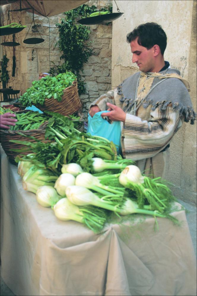 La fotografia è parte della ricca raccolta fotografica “Puglia per tutte le Stagioni” vol. 2, prodotta dall'Assessorato al Turismo e Industria Alberghiera della Regione Puglia, per raccontare la Puglia attraverso immagini suddivise in 5 settori principali: Città e Paesi, Settimana Santa, Territorio, Feste – Sagre – Tradizioni, Mercati – Prodotti – Cucina. L'immagine in oggetto mostra uno scorcio del mercato medievale di Bitetto dove un erbivendolo, vestito in abiti tradizionali, è intento a scegliere la merce dal proprio bancone per poi venderla. Il mercato medievale di Bitetto è una parte dei numerosi eventi e manifestazioni che si svolgono annualmente, il 1° Maggio, in onore del santo patrono del paese Fra Giacomo. Queste celebrazioni culminano con il Corteo storico, ...