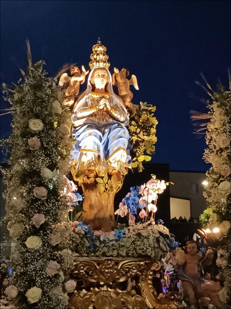 <div class="ql-editor"><div>Lo scatto fotografico immortala un momento solenne della festa in onore di Maria Santissima Incoronata, la celebrazione patronale più importante della città di Apricena (FG): l'imponente statua della Madonna è pronta a sfilare per le vie cittadine.</div><div>La prima statua lignea dell’Incoronata fu realizzata nel 1833. Secondo la tradizione, l’ultimo sabato di aprile la statua della Madonna viene trasferita dal santuario, situato fuori dal paese, alla Chiesa Madre. La domenica successiva viene portata in solenne processione per le vie cittadine e, dopo alcuni giorni di permanenza in paese, viene ricondotta nel suo santuario.</div><div>La festa patronale si svolge tra l’ultima domenica di maggio e la prima dom...