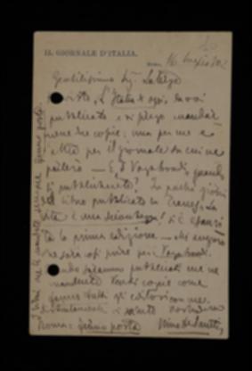 Nella cartolina, Nino De Sanctis chiede all'editore due copie de "L'Italia di Oggi". Si informa sulla pubblicazione del volume di Gorkij e ne chiede venti copie.