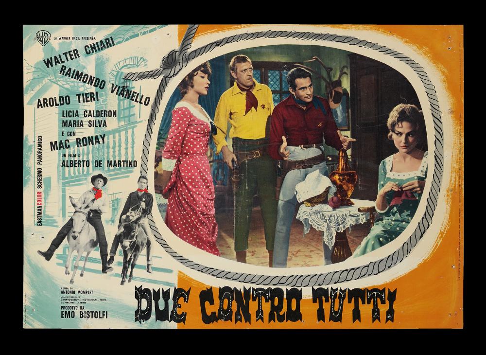 L'immagine riproduce uno dei manifesti conservati presso la Mediateca Regionale Pugliese (vedi Note). Si tratta di una delle fotobuste del film “Due contro tutti”, del regista Antonio Momplet del 1962. La composizione grafica si mostra divertente e colorata; il fondo giallo e la corda lazo disegnata a fare da cornice esalta la scena del film, una fotografia di scena ritoccata con bei colori accesi, e la comicità di due attori italiani molto amati. I due sono infatti ripresi al galoppo su due asini, rivelando il taglio comico western del film....