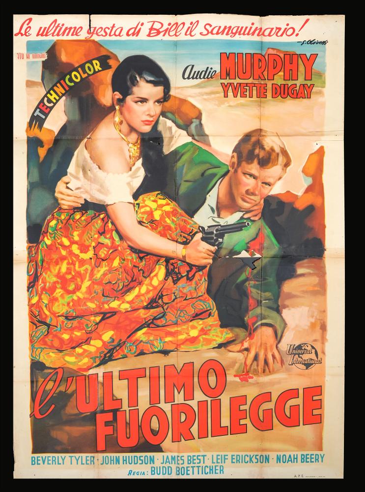 L'immagine riproduce uno dei manifesti conservati presso la Mediateca Regionale Pugliese (vedi Note). Si tratta di una delle versioni grafiche per il manifesto del film western "L’ultimo fuorilegge" del 1951 per la regia di Budd Boetticher, a firma di Olivetti Giorgio (G. Olivetti). Classe 1908, Olivetti caratterizza le sue prime opere da uno stile morbido, sfumato, fatto di acquerelli che rendono il volume anche grazie ad un uso sapiente dei colori come in questo caso. Il manifesto è caratterizzato dalla totalità della presenza scenica dei due protagonisti che occupano interamente lo spazio grafico. Da notare l'uso di colori brillanti e vivaci con una predilezioni per le gamme del rosso e dell'arancio, non solo sulla scena ma anche nelle parti tipografiche come il tito...