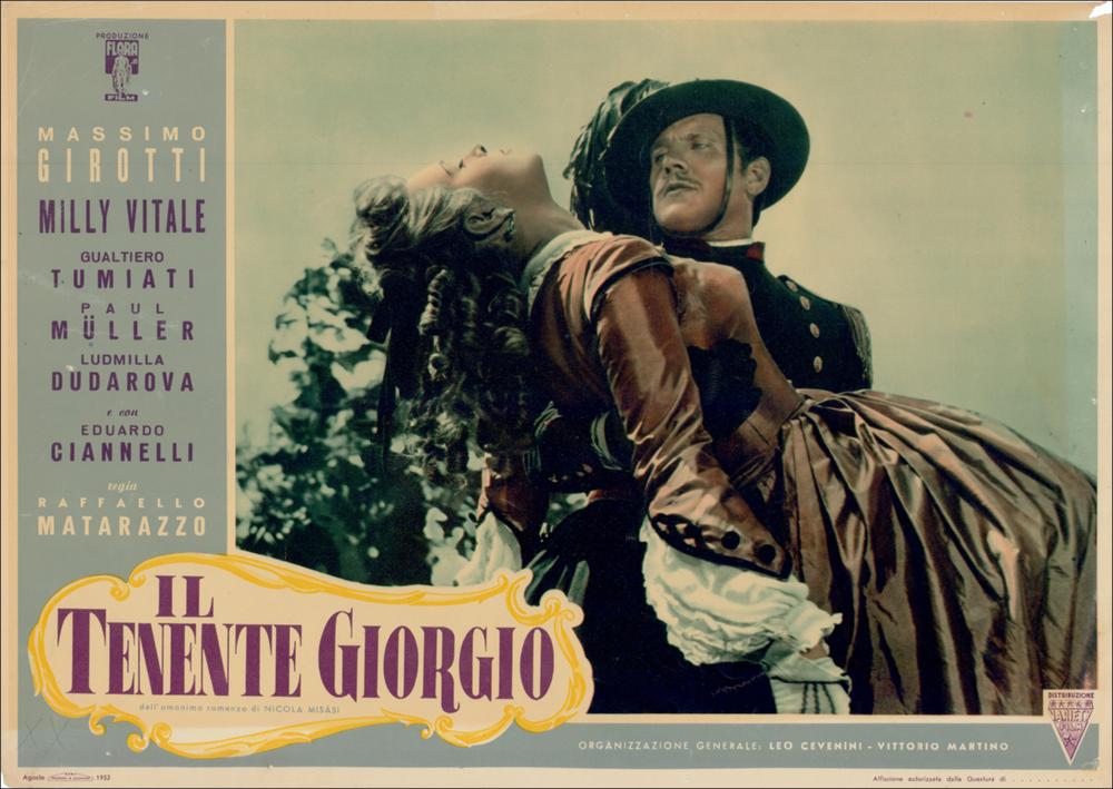 L'immagine è la riproduzione digitale del manifesto cinematografico del film “Il Tenente Giorgio”, prodotta in occasione dell'evento "Cinema 150 anni. Mostra di manifesti d'epoca sul Risorgimento". La mostra, allestita negli spazi della Mediateca Regionale di Bari, è stata realizzata nel 2011 dall'Ufficio Attività culturali e audiovisivi, afferente al Servizio Cultura e Spettacolo della Regione Puglia, in occasione delle celebrazioni dei 150 anni dell'Unità d'Italia. La fotobusta originale rispecchia i canoni grafici dell'epoca con un'immagine tratta dal film che occupa la parte centrale, titolo grande ed evidente in basso a sinistra, colori accesi e informazioni laterali. Evidente la presenza di piccole lacerazioni alle angolazioni e la presenza di segni di penna (due ...