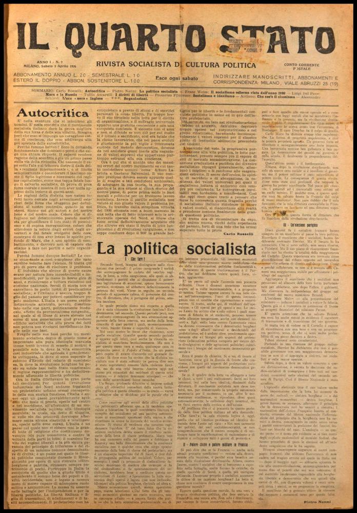 ll documento digitale è parte della collezione dell’emeroteca storica posseduta dall’Istituto pugliese per la storia dell’antifascismo e dell’Italia contemporanea di Bari (IPSAIC). Nello specifico la risorsa in oggetto riproduce il numero 2 del settimanale di attualità politica, fondato da Pietro Nenni e Carlo Rosselli, “Il Quarto Stato – Rivista socialista di cultura politica”, distribuito per un solo anno. Pubblicato il 3 aprile 1926, il numero riporta in seconda pagina un interessante trafiletto su "Il socialismo odierno visto dall'anno 2000", un punto di vista che si proietta nella politica del futuro. Si parte da una dichiarazione "scherzosamente sdegnosa" di Marx con la quale annunciava che il suo Socialismo "non dava ricette per la cucina dell'avvenire", immagina...