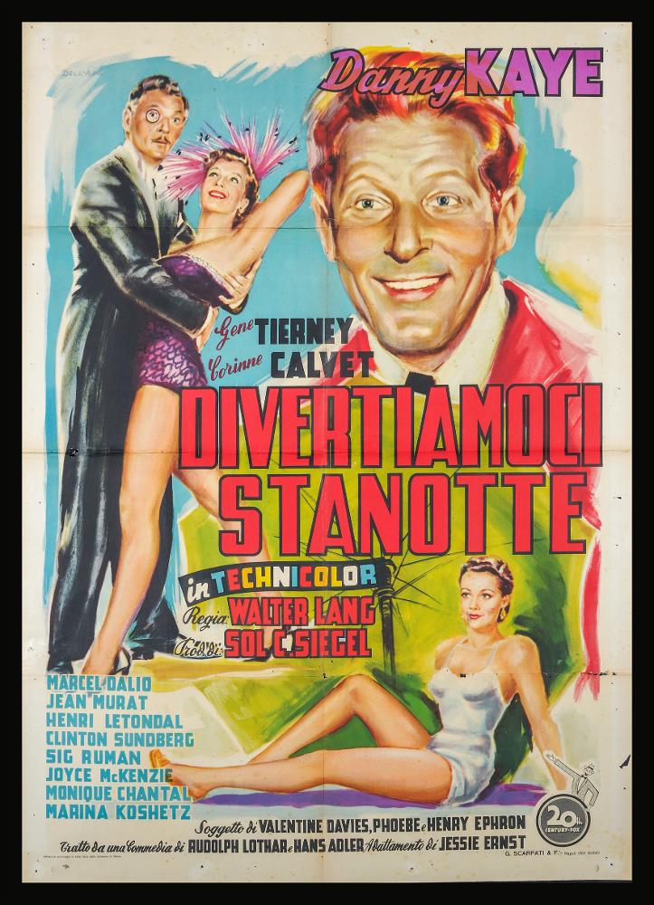 L'immagine riproduce uno dei manifesti conservati presso la Mediateca Regionale Pugliese (vedi Note). Si tratta di uno dei manifesti del film in bianco e nero “Divertiamoci stanotte” del 1951 per la regia di Walter Lang, a firma di Dell'Apa. Dell'artista non si hanno notizie, ma mostra un approccio stilistico originale, seppur descrittivo, ispirato ad altri artisti come Tarquini, Simbari, Casaro, che hanno fatto del colore il loro elemento distintivo. Splendidi i ritratti tutti allegri e solari, colpisce anche l'uso di colori accesi e in forte contrasto tra loro, scelta che rende la visione della composizione piacevole....
