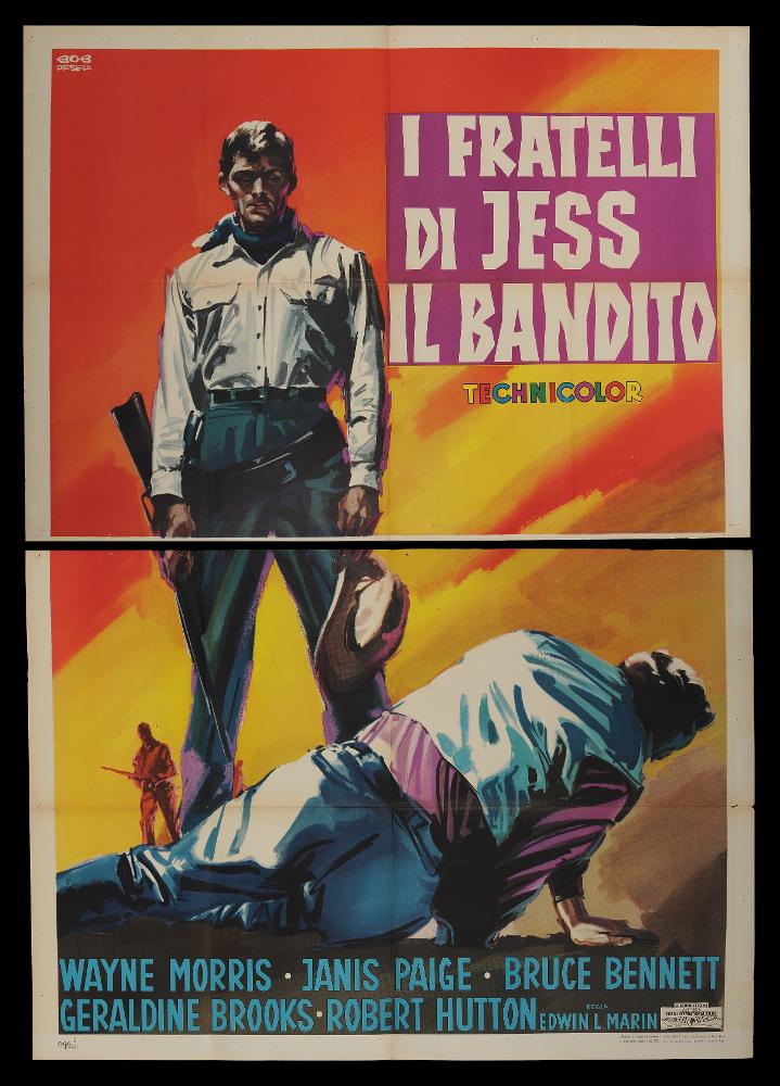 L'immagine riproduce uno dei manifesti conservati presso la Mediateca Regionale Pugliese (vedi Note). Si tratta di una delle versioni grafiche del manifesto del film “I fratelli di Jess il bandito” del 1949 per la regia di Edwin L. Marin, a firma dell’illustratore Bob Deseta. Il manifesto presenta solo tre figure umane, due delle quali occupano in maniera preponderante la scena, rappresentati in dimensioni mastodontiche, mentre una terza figura è in miniatura, quasi estranea alla scena. Le pennellate sono larghe e i colori delle figure scuri rispetto lo sfondo arancione e giallo....