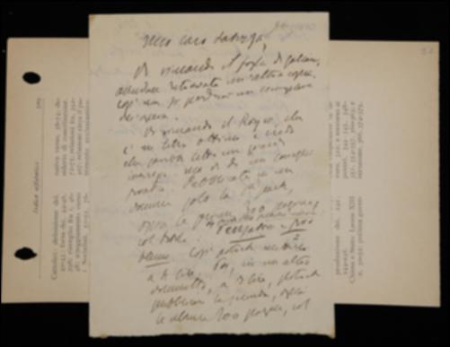 Nella lettera, Benedetto Croce comunica a Giovanni Laterza la restituzione di un intero foglio stampato del volume di Ferdinando Galiani e del volume “Lo spirito della filosofia moderna” di Josiah Royce inviatogli in precedenza; di questo suggerisce la pubblicazione della traduzione italiana in due parti. Invita poi l'editore ad accordarsi con la tipografia Giannini per la stampa de “Il Candelaio” di Giordano Bruno; infine lo sollecita a spedirgli una bozza della copertina del suo volume di estetica e ad indicargli il prezzo previsto per quel volume al fine di poterlo pubblicizzare nel fascicolo de “La Critica” di prossima pubblicazione.