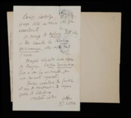 Benedetto Croce, dopo aver ringraziato per alcune cartoline e chiesto variazioni all'elenco dei cambi, chiede a Laterza di inviare all'editore Hoepli un volume di Giuseppe Antonio Borgese delle Edizioni della Critica e la spedizione dei manoscritti per due volumi della collana filosofica.
