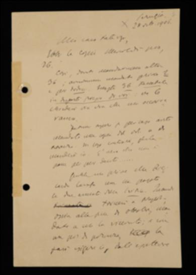 Nella lettera, Benedetto Croce comunica a Laterza di aver ricevuto le copie richieste del suo volume su Georg W.F. Hegel e gli dà disposizioni per altre copie omaggio. Gli fornisce indicazioni circa "La Critica" e promette l'invio di materiale per la prossima uscita del periodico. Lo avvisa inoltre che il volume di Giordano Bruno è quasi terminato e che seguiranno quelli di Hegel e Immanuel Kant; in proposito esorta l'editore a progettare la copertina e a scegliere la carta della nuova collana filosofica.