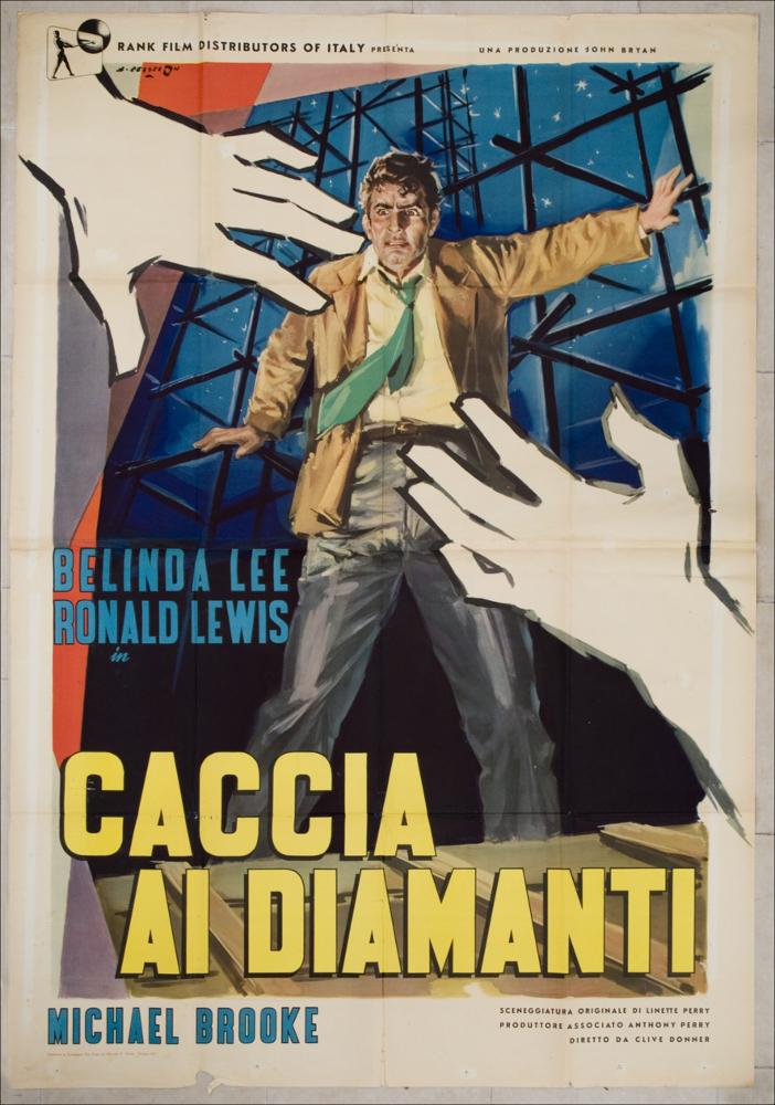 L'immagine riproduce uno dei manifesti conservati presso la Mediateca Regionale Pugliese, esaminati in "Cinema al muro: Angelo Cesselon" (vedi Note). Il manifesto realizzato dal grande artista veneto sintetizza, attraverso la composizione figurativa ma soprattutto attraverso l'espressione del volto dell'uomo, lo spirito del film che è quello di intrattenere lo spettatore con suspense. Occupa la parte centrale del manifesto la figura intera di un uomo che assume il tipico atteggiamento di chi sembra essere stato colto di sorpresa. La reazione di spavento evidente nell'espressione del suo volto, proviene dalla vista di due grandi mani, poste in primo piano, disegnate in modo fumettistico, in atteggiamento di presa. Esse sembrano simboleggiare la giustizia che ha la meglio...