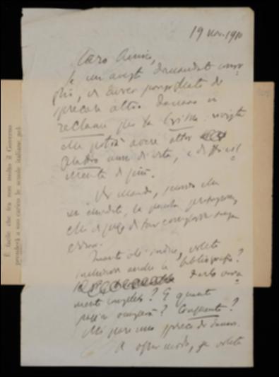 Nella lettera, Benedetto Croce, inviando a Giovanni Laterza la prefazione per l'indice delle otto annate de “La Critica”, gli fornisce alcune indicazioni per la redazione dell'indice stesso. Infine domanda il motivo per cui “La Critica” non sia ancora distribuita.