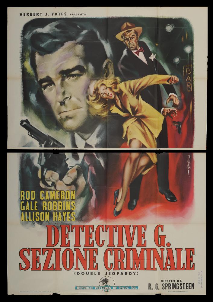 L'immagine riproduce uno dei manifesti conservati presso la Mediateca Regionale Pugliese (vedi Note). Si tratta di una delle versioni grafiche del manifesto del film “Detective G. sezione criminale” del 1946 per la regia di Robert G. Springsteen a firma dell’illustratore Symeoni (Sandro Symeoni), noto pittore ferrarese tra i più prolifici disegnatori di cinema, riconoscibile per l’uso di un linguaggio non piano, ma dalle molteplici sfaccettature. In questo manifesto si ritrovano molte delle peculiarità stilistiche dell’autore, la sua grande pittoricità, la modernità nella composizione e suddivisione dello spazio grafico, l’uso di pennellate rapide e schizzate che ben rendono la velocità delle azioni rappresentate. I colori qui utilizzati sono molto scuri e sembrano ricr...