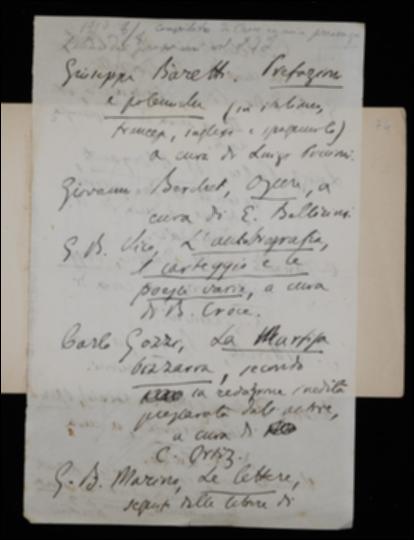 Nella lettera, Benedetto Croce fornisce a Giovanni Laterza l'elenco di alcuni volumi da pubblicare nella collana degli scrittori d'Italia. L'editore annota in testa al documento che l'elenco è stato redatto alla sua presenza.