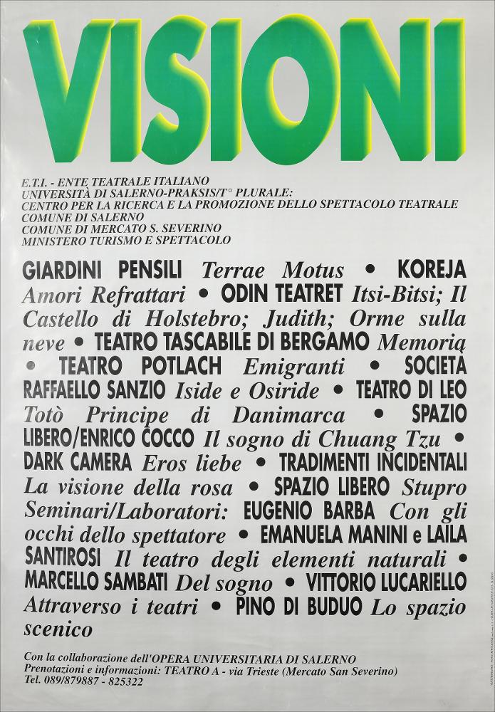 L'immagine in oggetto riproduce la locandina della rassegna "Visioni", organizzata dall'Università di Salerno e dall'E.T.I., Ente Teatrale Italiano, ente senza fini di lucro nato nel 1942, soppresso poi nel 2010, con lo scopo di promuovere le attività teatrali, di musica e danza in accordo con le direttive del Ministero dei Beni Culturali. Alla rassegna la compagnia del Teatro Koreja apportò il suo contributo sul teatro contemporaneo mettendo in scena lo spettacolo "Amori refrattari". La locandina risulta di tipo meramente informativo, priva di immagini; la composizione è realizzata con tutti i nomi degli artisti ed i titoli degli spettacoli che furono messi in scena durante la rassegna.