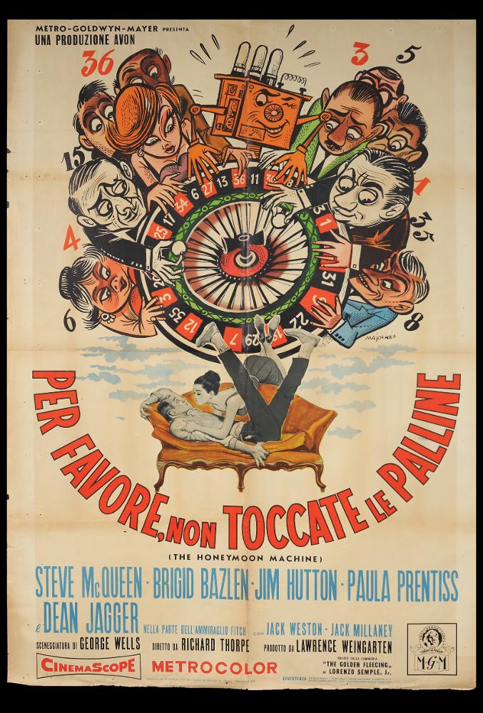L'immagine riproduce uno dei manifesti conservati presso la Mediateca Regionale Pugliese (vedi Note). Si tratta di una delle versioni grafiche del manifesto del film americano "Per favore, non toccate le palline”. Majorana (o Maiorana) firma questa composizione, realizzando una bella illustrazione che occupa gran parte dello spazio e caratterizzandola con uno stile fumettistico, molto grafico, ricchissimo di dettagli. Come in altre opere, Majorana si contraddistingue per la sua vena ironica e anche drammatica, in cui ogni personaggio raffigurato è una caricatura, con tratti accentuati e anche piuttosto duri. In basso, completa lo spazio una scena del film, che Majorana rappresenta sempre pittoricamente, ma con tratti più realistici e certamente più morbidi....