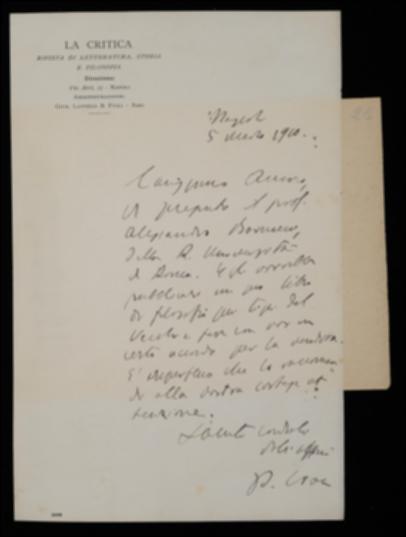 Nella lettera, Benedetto Croce scrive a Giovanni Laterza presentandogli Alessandro Bonucci, il quale propone di pubblicare un volume di filosofia per i licei per i tipi del Vecchi e di stipulare un accordo per la vendita con la casa editrice barese.