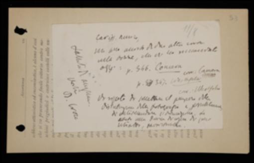 Nella cartolina, Benedetto Croce comunica a Giovanni Laterza alcune correzioni da apportare alle bozze del volume di Silvio Spaventa e, ringraziatolo per il ritratto inviatogli, lo prega di spedirgliene alcune copie ma lo dissuade dal distribuirlo agli abbonati de "La Critica".