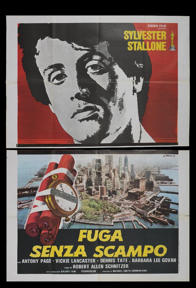“Fuga senza scampo” (No Place to Hide), distribuito anche col titolo Rebel, è un film del 1973 diretto da Robert Allen Schnitzer e interpretato da Sylvester Stallone, su sceneggiatura di Larry Beinhart, Louis Pastore e Robert Allen Schnitzer.
Il manifesto cinematografico è firmato dall'artista romano P. Franco (Franco Picchioni 1942-2002), autore di una composizione dall'impianto figurativo composto da due grandi quadri: in alto il ritratto del volto del protagonista (Sylvester Stallone) e in basso una vista di New York a descrivere il contesto del film.
Il manifesto originale è conservato nell’Archivio della Mediateca Regionale Pugliese ed è costituito da due fogli separati....